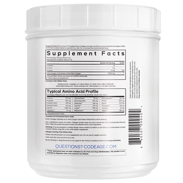 Marine Collagen Powder, Wild-Caught Hydrolyzed Fish Collagen Peptides Types 1 & 3, Non-GMO, 16 oz