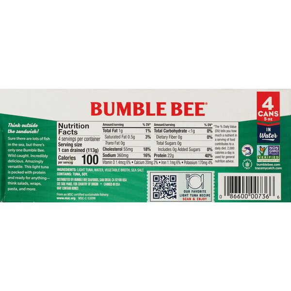 BUMBLE BEE Chunk Light Tuna in Water, 5 OZ, 4 CT Can