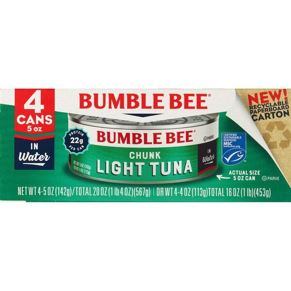 BUMBLE BEE Chunk Light Tuna in Water, 5 OZ, 4 CT Can