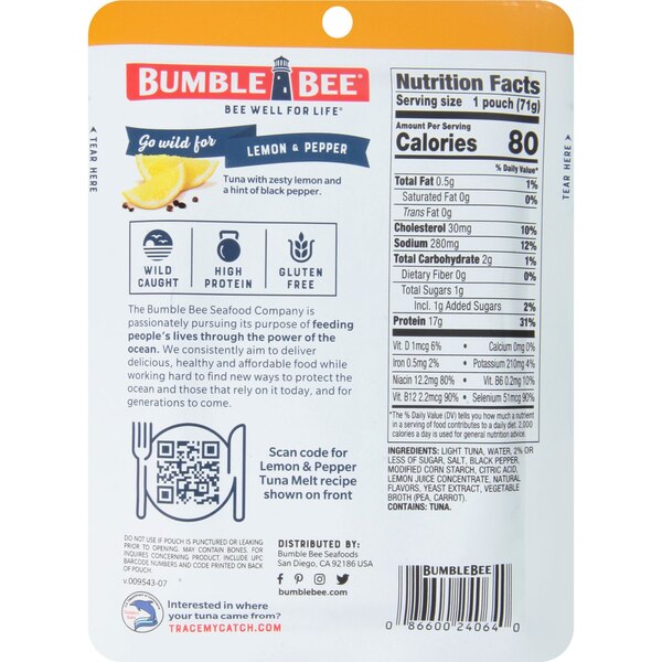 Bumble Bee Lemon & Pepper Wild Caught Tuna Pouch, 2.5 OZ