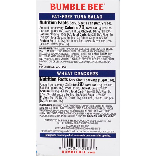 BUMBLE BEE Snack on the Run! Fat Free Tuna Salad Kit With Wheat Crackers, 3.5 OZ