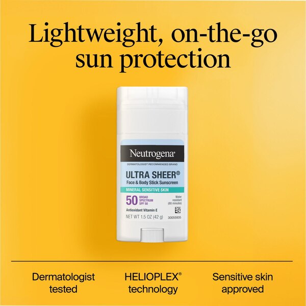Neutrogena Ultra Sheer SPF 50 Zinc Mineral Sunscreen Stick, 1.5 OZ