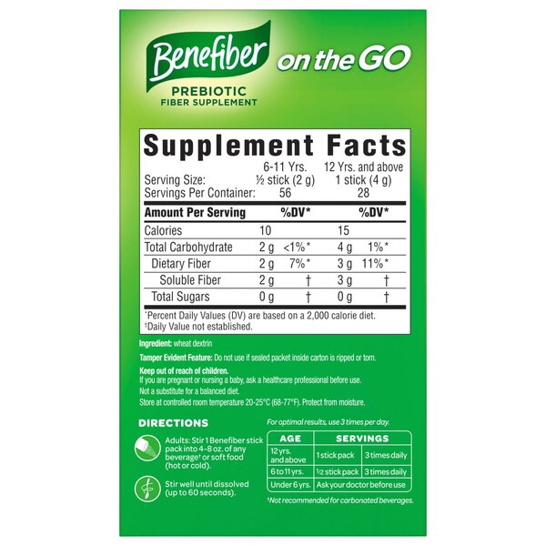 Benefiber Prebiotic Fiber Supplement Powder Stick Packs, Unflavored
