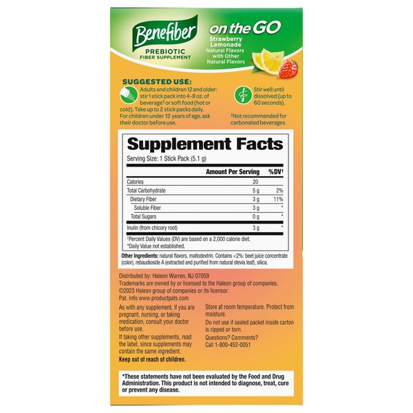 Benefiber Fiber Supplement, Strawberry Lemonade, 24 CT
