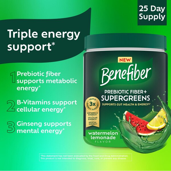 Benefiber Prebiotic Fiber Plus Supergreens, Watermelon Lemonade, 8.81 OZ