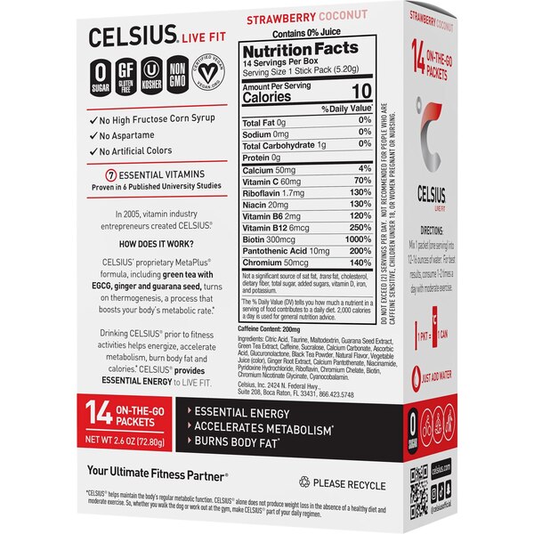 Celsius Strawberry Coconut OTG Packet Box, 14 ct, 2.7 oz