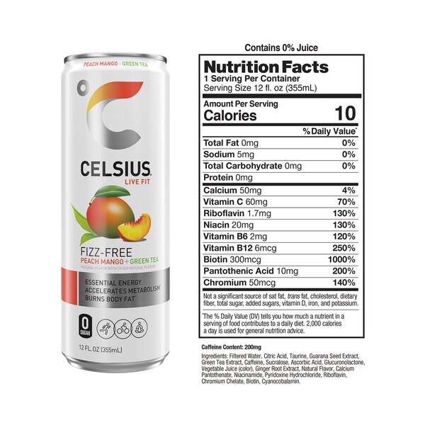 Celsius, Fizz-Free Peach Mango Green Tea, 12 oz