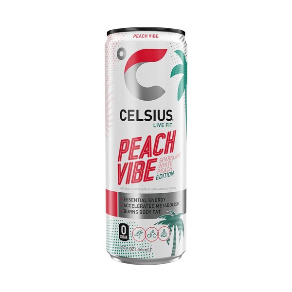Celsius, Sparkling Peach Vibe Fitness Drink, Zero Sugar, 12 Oz