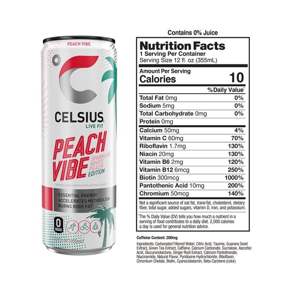 Celsius, Sparkling Peach Vibe Fitness Drink, Zero Sugar, 12 Oz