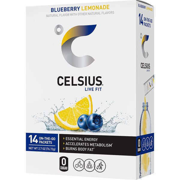 Celsius Blueberry Lemonade OTG Packets. 14 ct, 2.7 oz