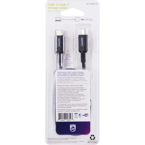 Philips USB-C to USB-C Cable, 6 ft, 60 w, Black