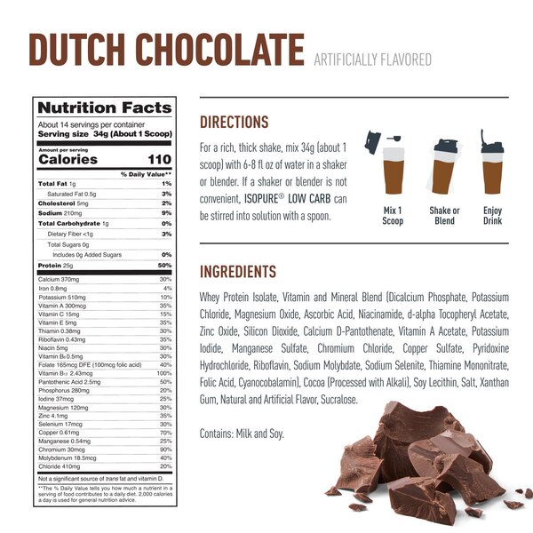 Isopure Zero Carb Protein Powder, Dutch Chocolate, 16 OZ