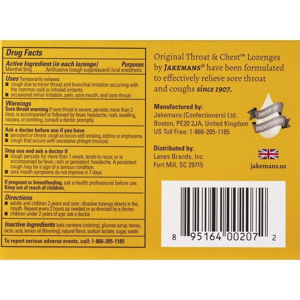 Jakemans Throat & Chest Lozenges Honey & Lemon, 24CT