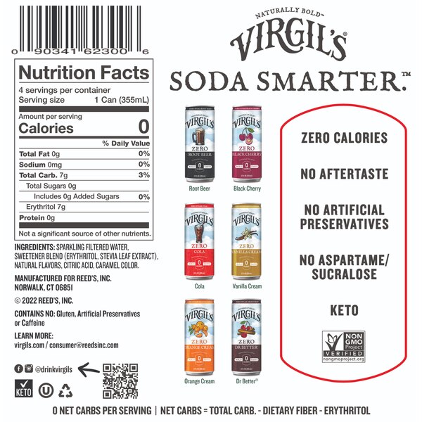 Virgil's Zero Sugar Cola, 4 ct, Cans, 12 oz
