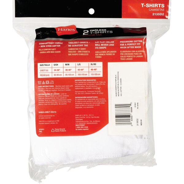 Hanes Crew Neck Tagless T-Shirts, White, 2 CT