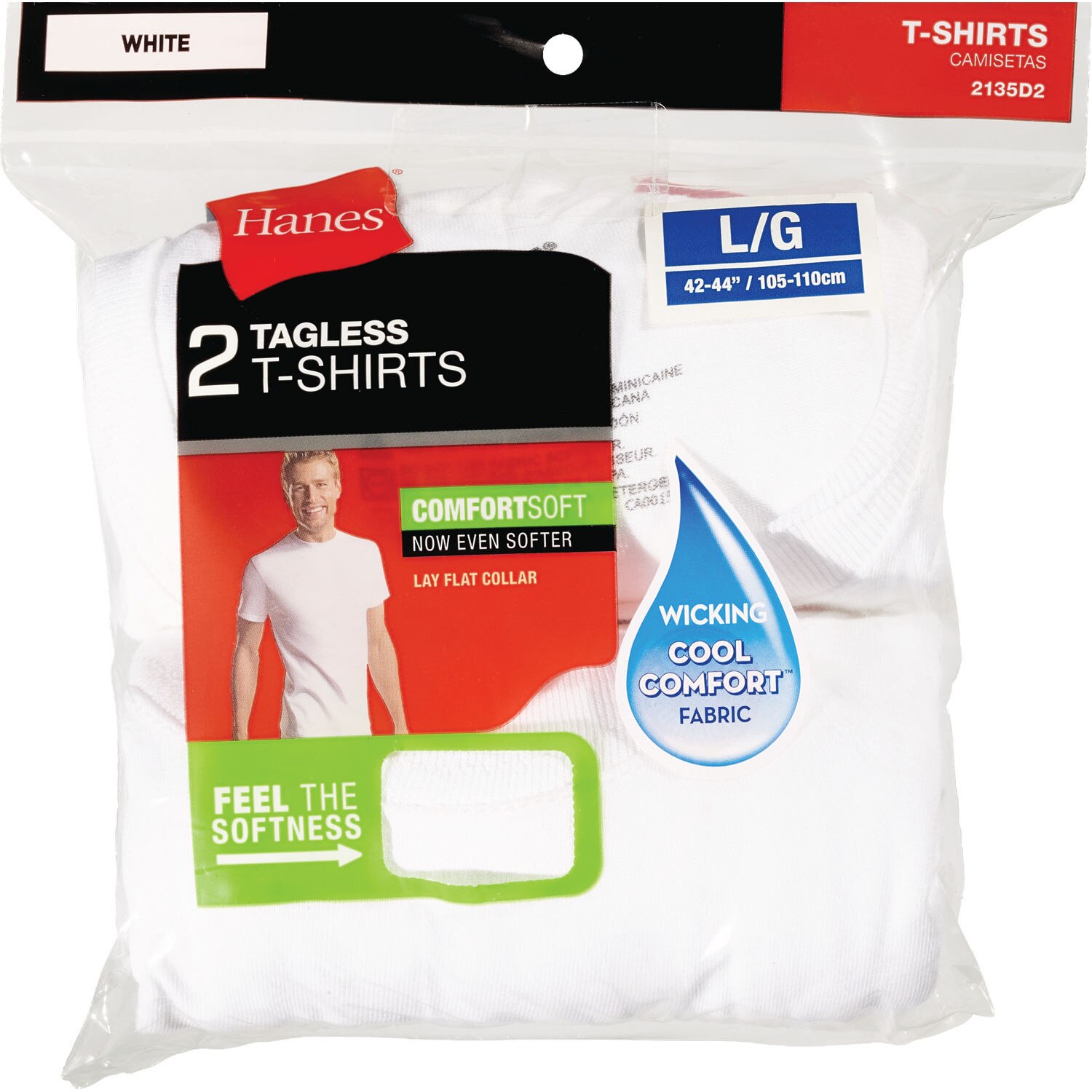 Hanes - Camisetas de cuello redondo sin etiqueta, blanco, grande, 2 u.
