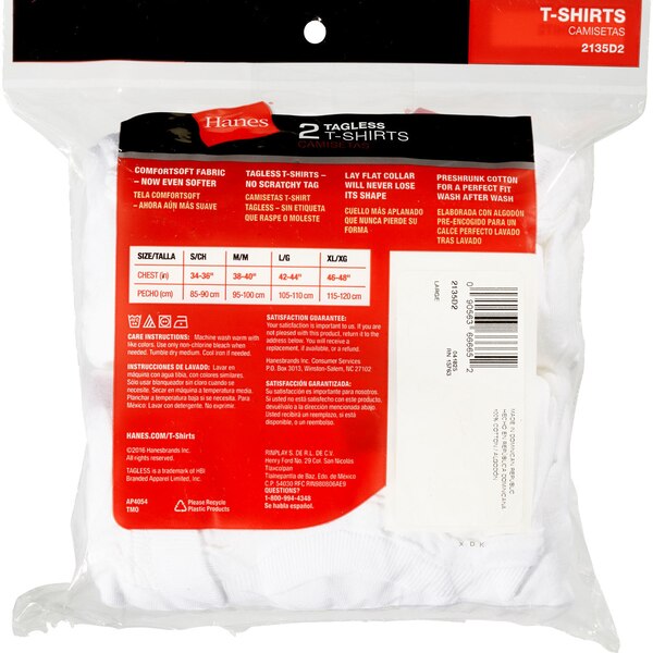 Hanes Crew Neck Tagless T-Shirts, White, Large, 2 CT