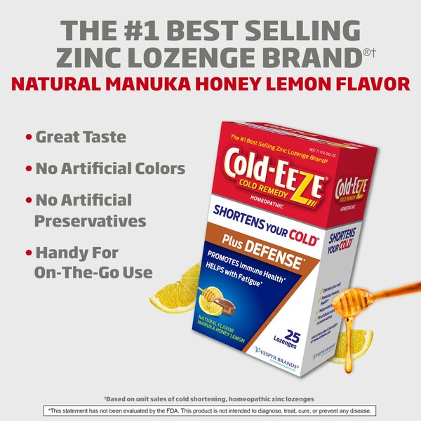 Cold-EEZE Homeopathic Plus Defense Zinc Lozenges, Manuka Honey Lemon, 25 CT