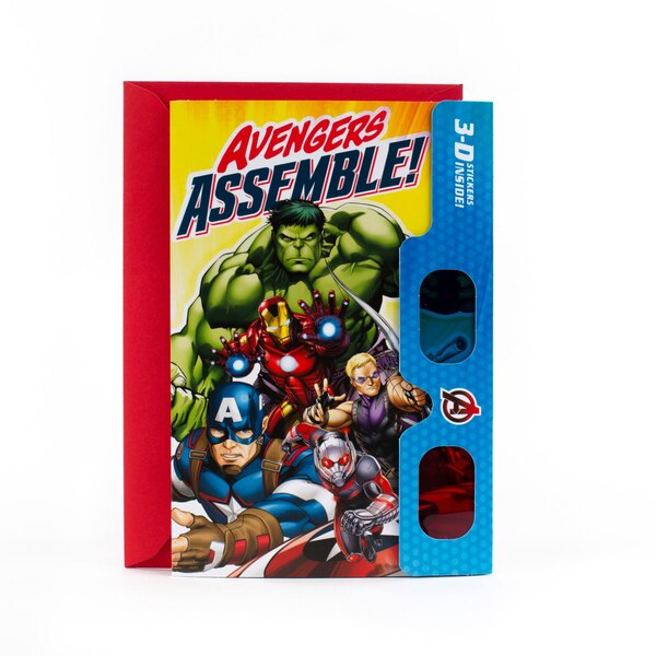 Hallmark Avengers - Tarjeta de cumpleaños con stickers y gafas 3D (Avengers Assemble!) E21