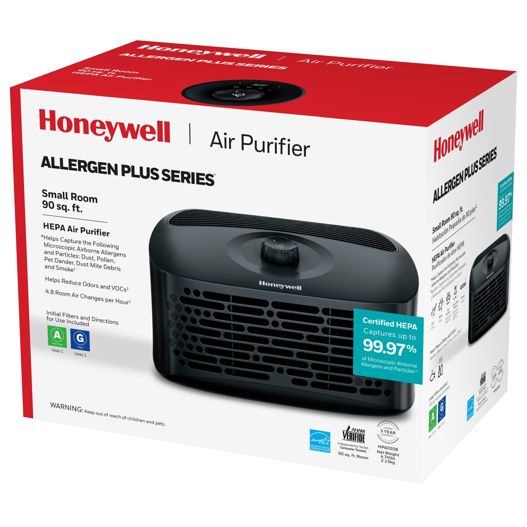 Honeywell HPA020 HEPA Air Purifier, Small Rooms (90 sq.ft), Black