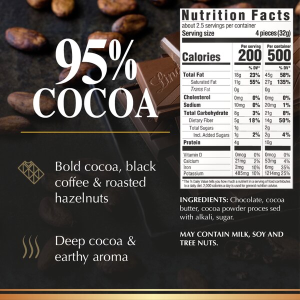 Lindt EXCELLENCE 95% Cocoa Dark Chocolate Candy Bar, Dark Chocolate Candy, 2.8 oz. Bar