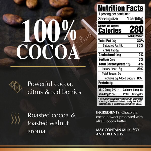 Lindt Excellence 100% Cocoa Dark Chocolate Candy Bar, Dark Chocolate, 1.7 oz