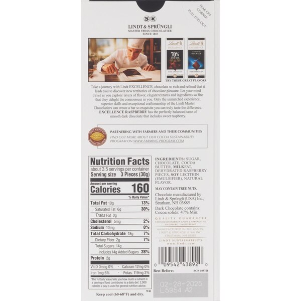Lindt, Excellence Raspberry Dark Chocolate Candy Bar, 3.5 oz