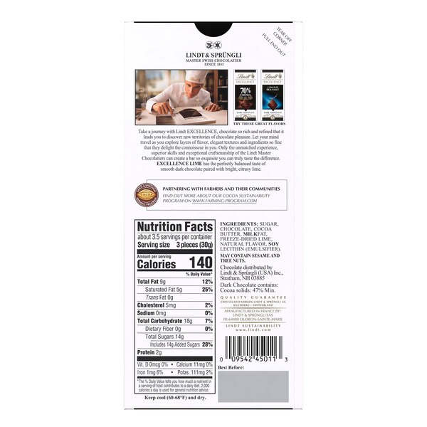 Lindt Excellence Lime Dark Chocolate Candy Bar, 3.5 oz