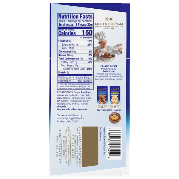 Lindt, Classic Recipe Whole Hazelnut Milk Chocolate Candy Bar, 5.3 oz.