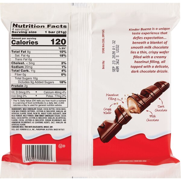 Kinder Bueno Crispy Cream Chocolate Bar, 4 ct, 3 oz