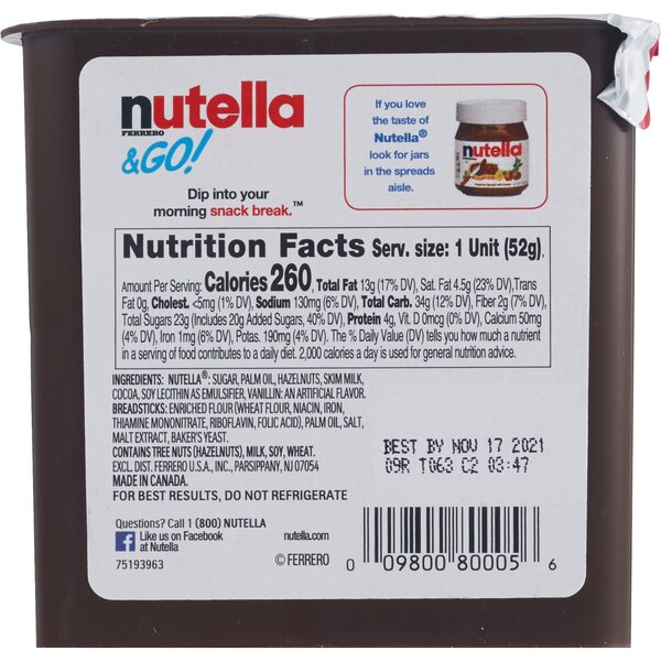 Nutella & Go Hazelnut Spread + Breadsticks, 1.8 oz