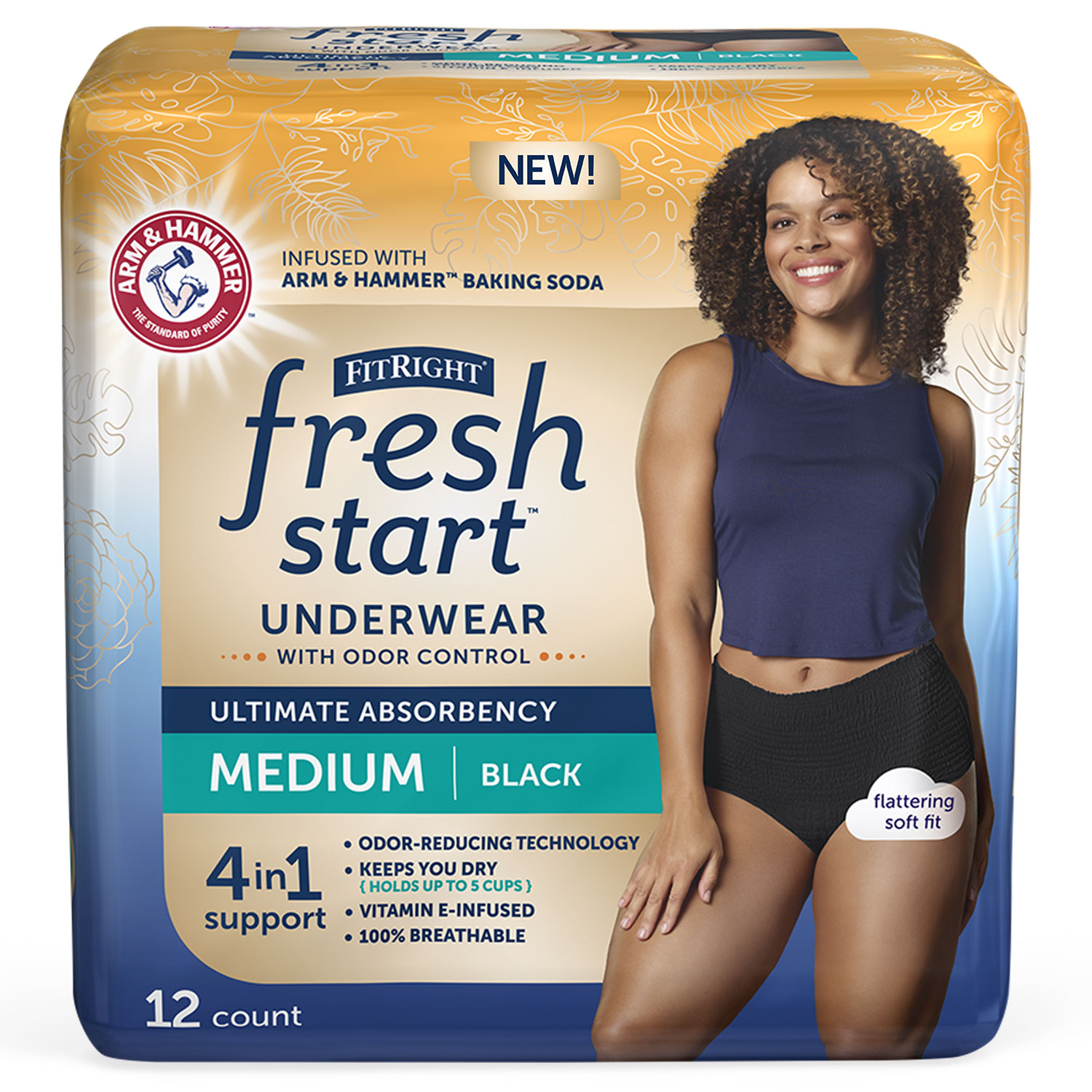 FitRight Fresh Start Urinary Incontinence Underwear, Black, 48 Count, (12ct, Pack of 4)