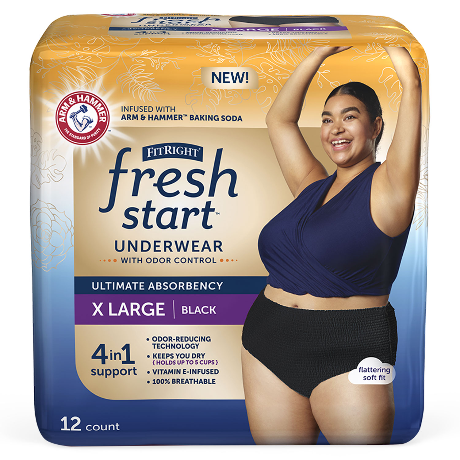 FitRight Fresh Start Urinary Incontinence Underwear, Black, 48 Count, (12ct, Pack of 4), XLarge