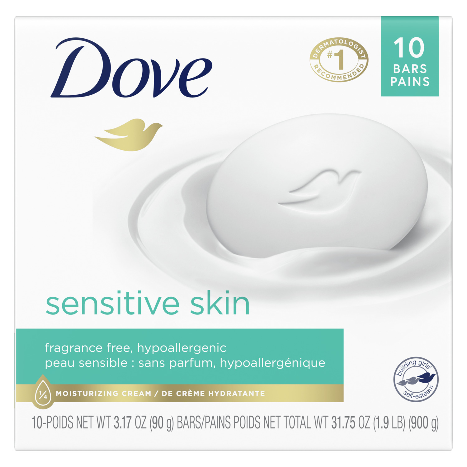 Dove Sensitive Skin Moisturizing Beauty Bar for Softer Skin, Fragrance Free, Hypoallergenic, 3.17 OZ