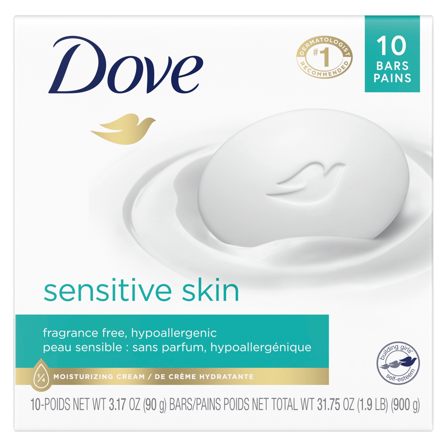 Dove Sensitive Skin Moisturizing Beauty Bar for Softer Skin, Fragrance-Free, Hypoallergenic, 10CT