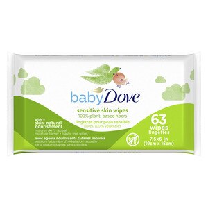 Dove Hypoallergenic Baby Wipes with 100% Plant-Based Fibers for Sensitive Skin, 63 Wipes