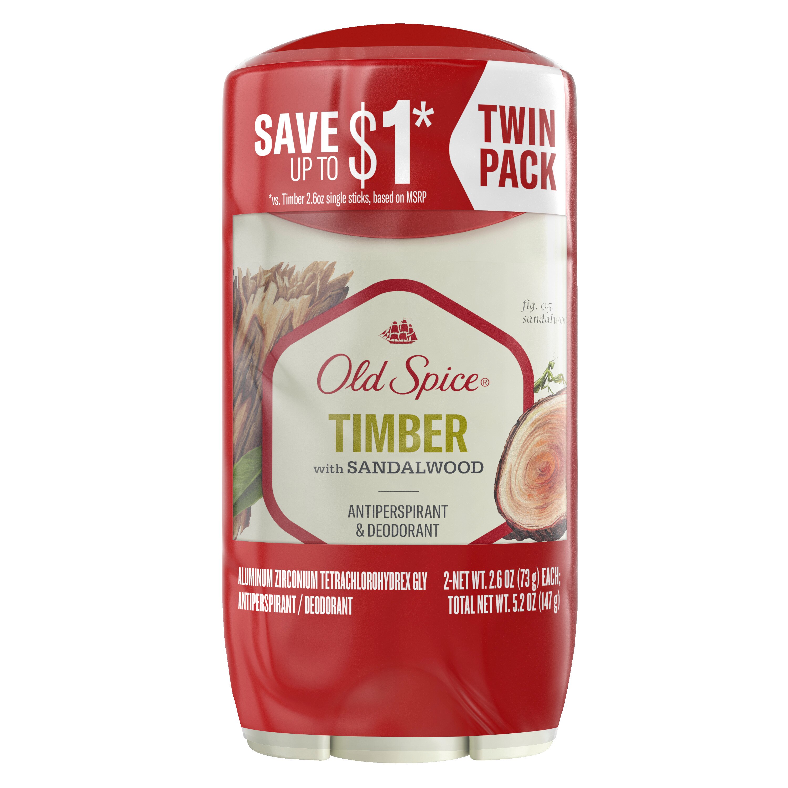 Old Spice All Day Antiperspirant & Deodorant Stick, Timber With Sandalwood, 2.6 OZ, 2 Ct , CVS