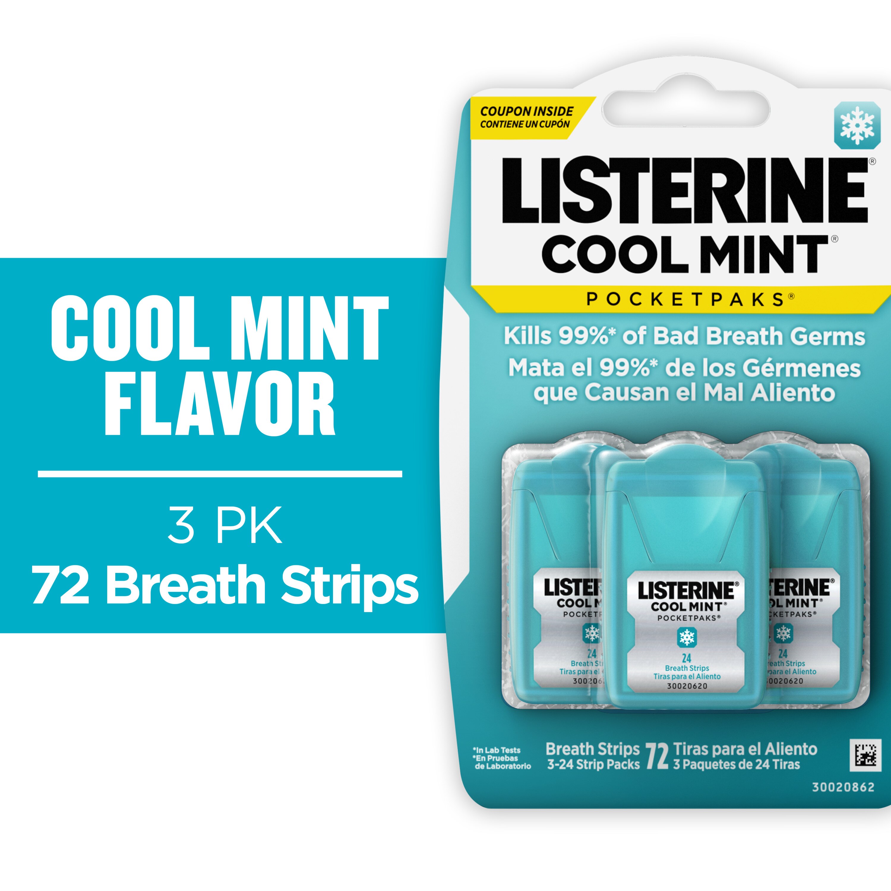 Listerine Cool Mint Pocketpaks - Tiras para el aliento, paquete de 24 tiras, paquete de 3