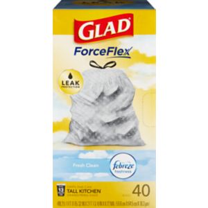 Glad ForceFlex Tall Kitchen Trash Bags, Febreze Fresh Scent, 13 Gal Drawstring, 40 Ct , CVS