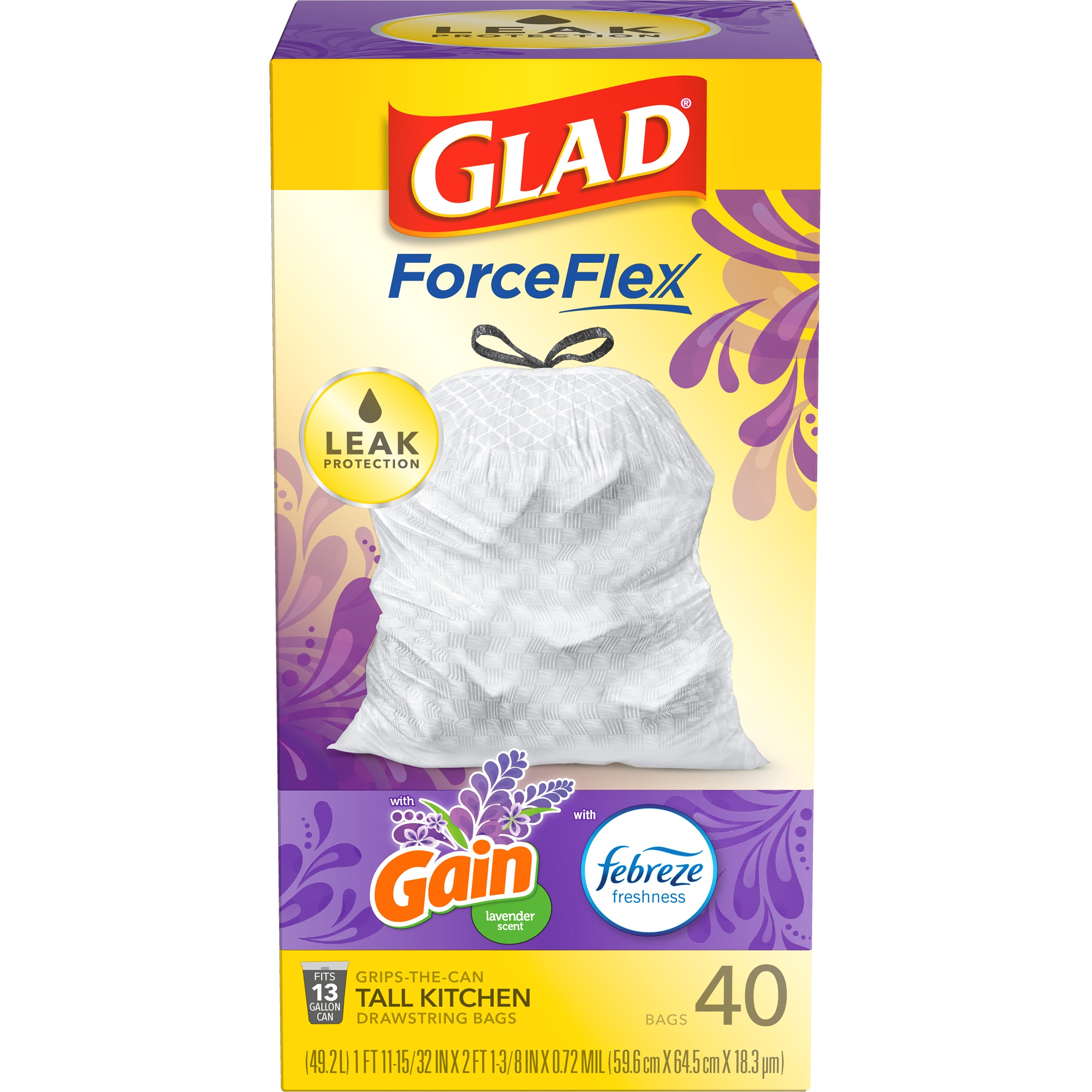 Glad ForceFlex Tall Kitchen Trash Bags, 13 Gal Drawstring, Gain Lavender Scent, 40 Ct , CVS
