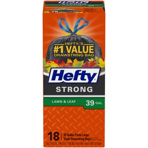 Hefty Strong Lawn & Leaf Extra Large Drawstring Trash Bags, 39 Gallon, 18 CT