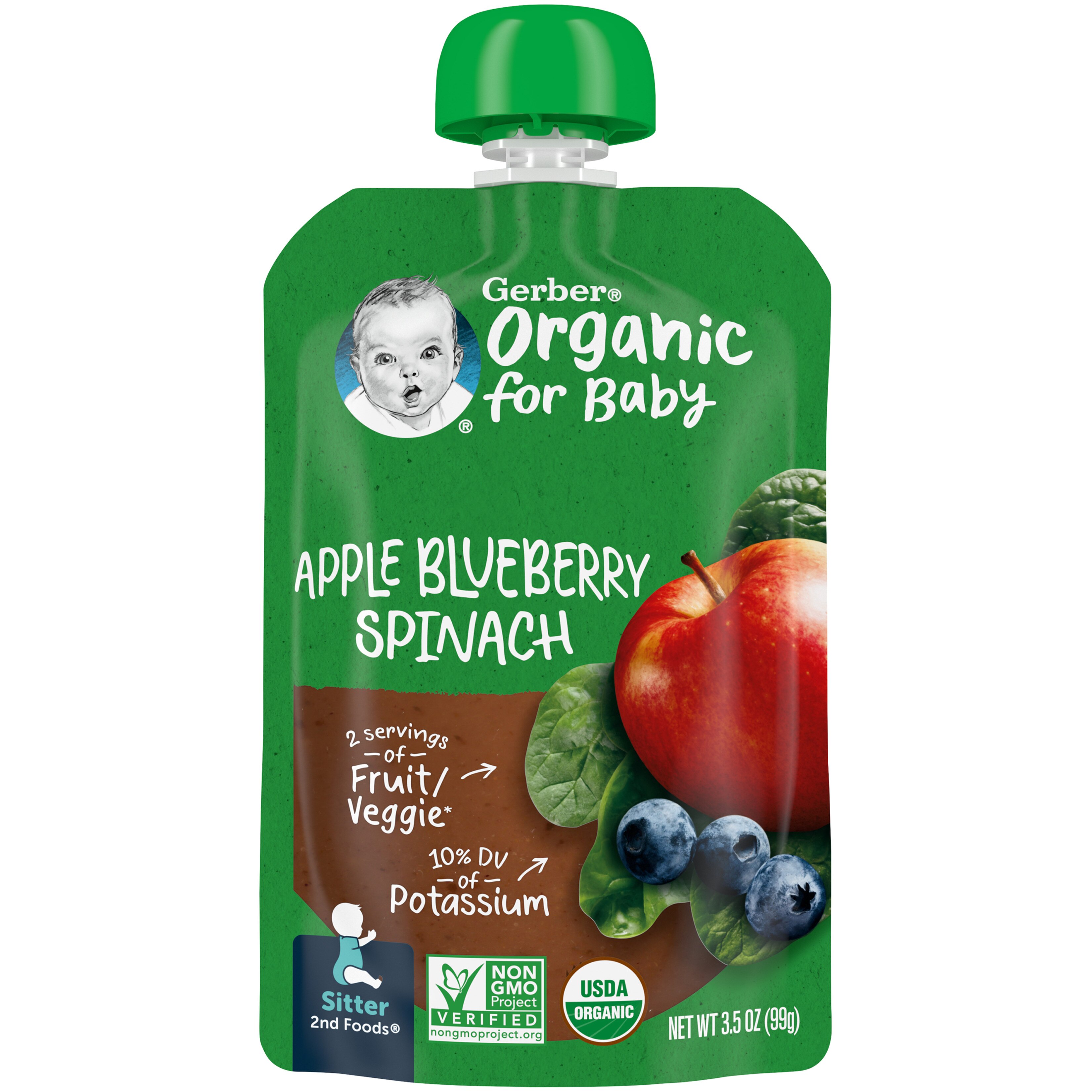  Gerber Organic Pouches, Sitter, Apple Blueberry Spinach, 3.5 OZ 