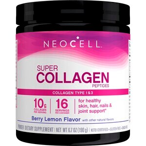 NeoCell Super Collagen Powder, 6,600mg Types 1 & 3 Grass-Fed Collagen, Gluten Free, Berry Lemon Flavor, 6.7 OZ