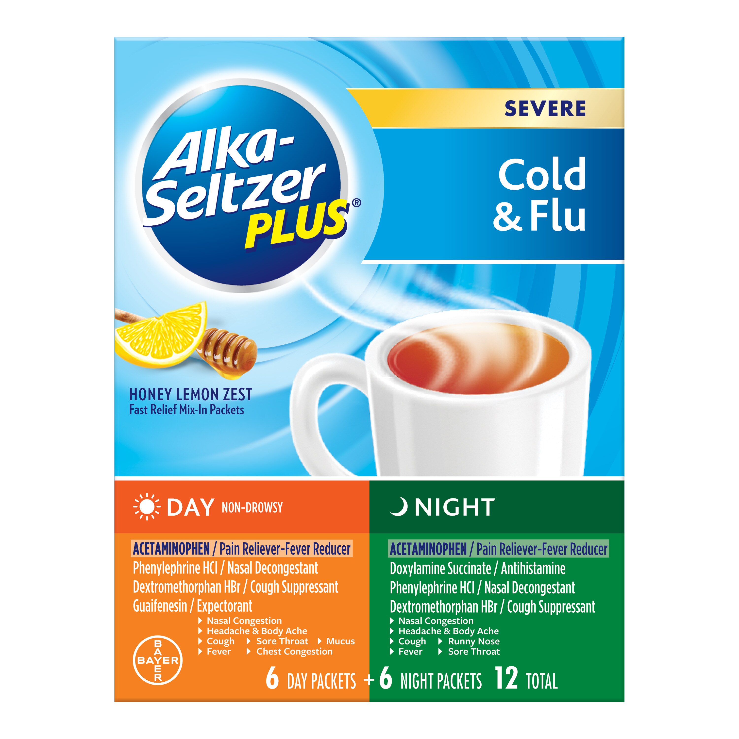 Alka-Seltzer Plus Severe Cold & Flu Day + Night - Polvo para preparar bebida para aliviar los síntomas del resfriado fuerte y la gripe, sabor Honey Lemon, 6 u.