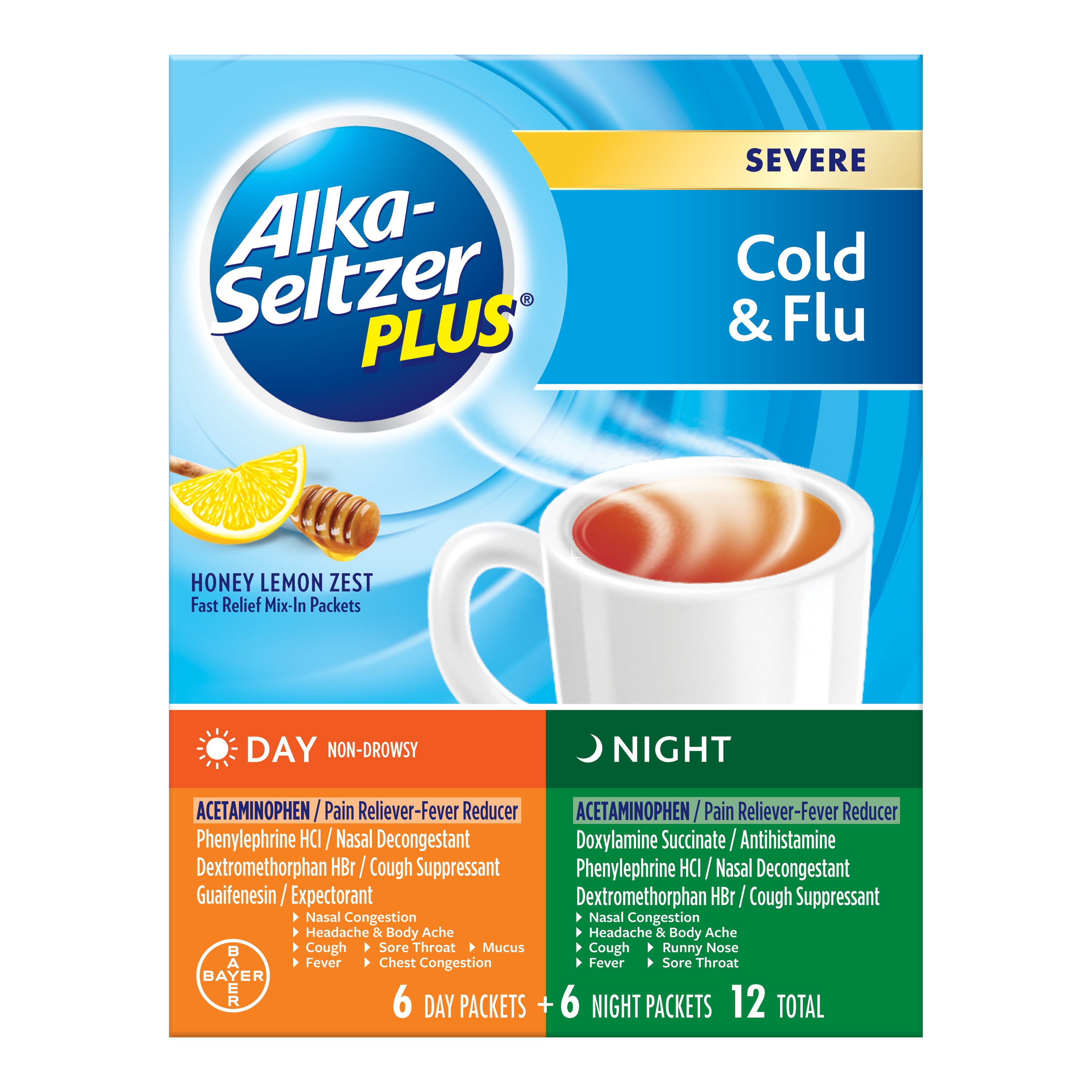 Alka-Seltzer Plus Severe Cold & Flu Day + Night Honey Lemon Mix-In Packets, 6 Ct - 12 Ct , CVS