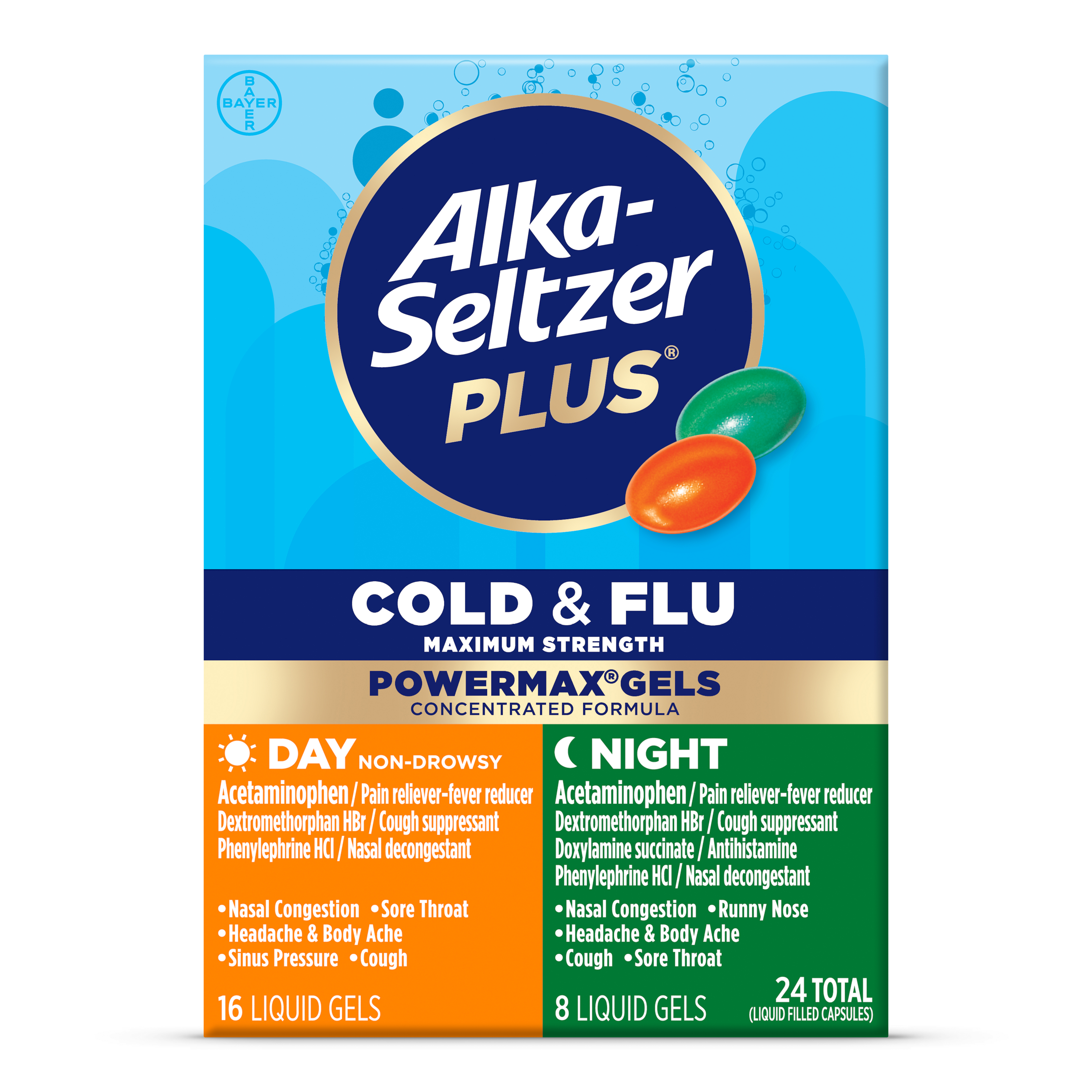 Alka Seltzer Plus Maximum Strength Cold & Flu Power Max Gels Day + Night Liquid Gels