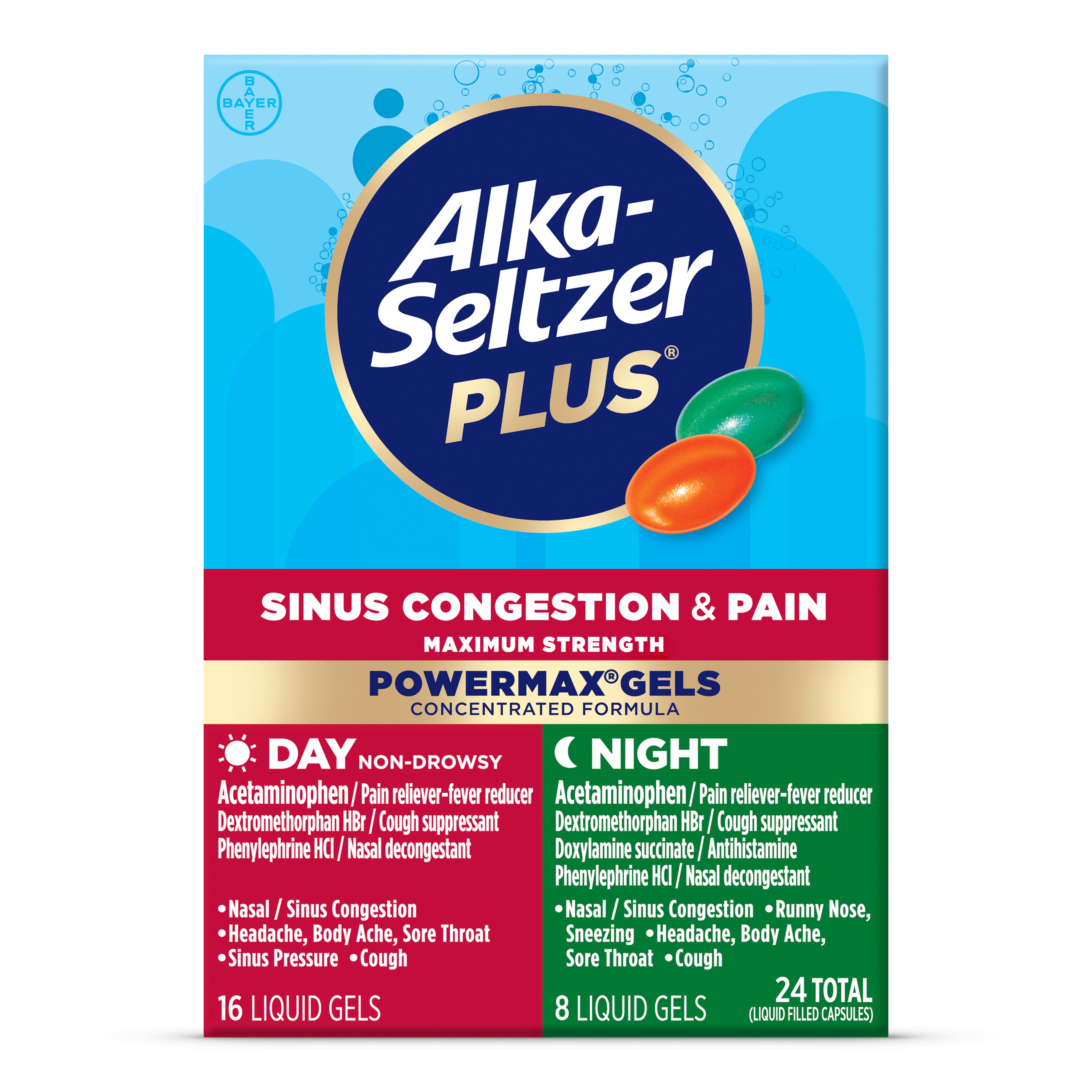 Alka-Seltzer Plus Maximum Strength PowerMax Sinus, Congestion & Pain Day + Night Liquid Gels, 24ct