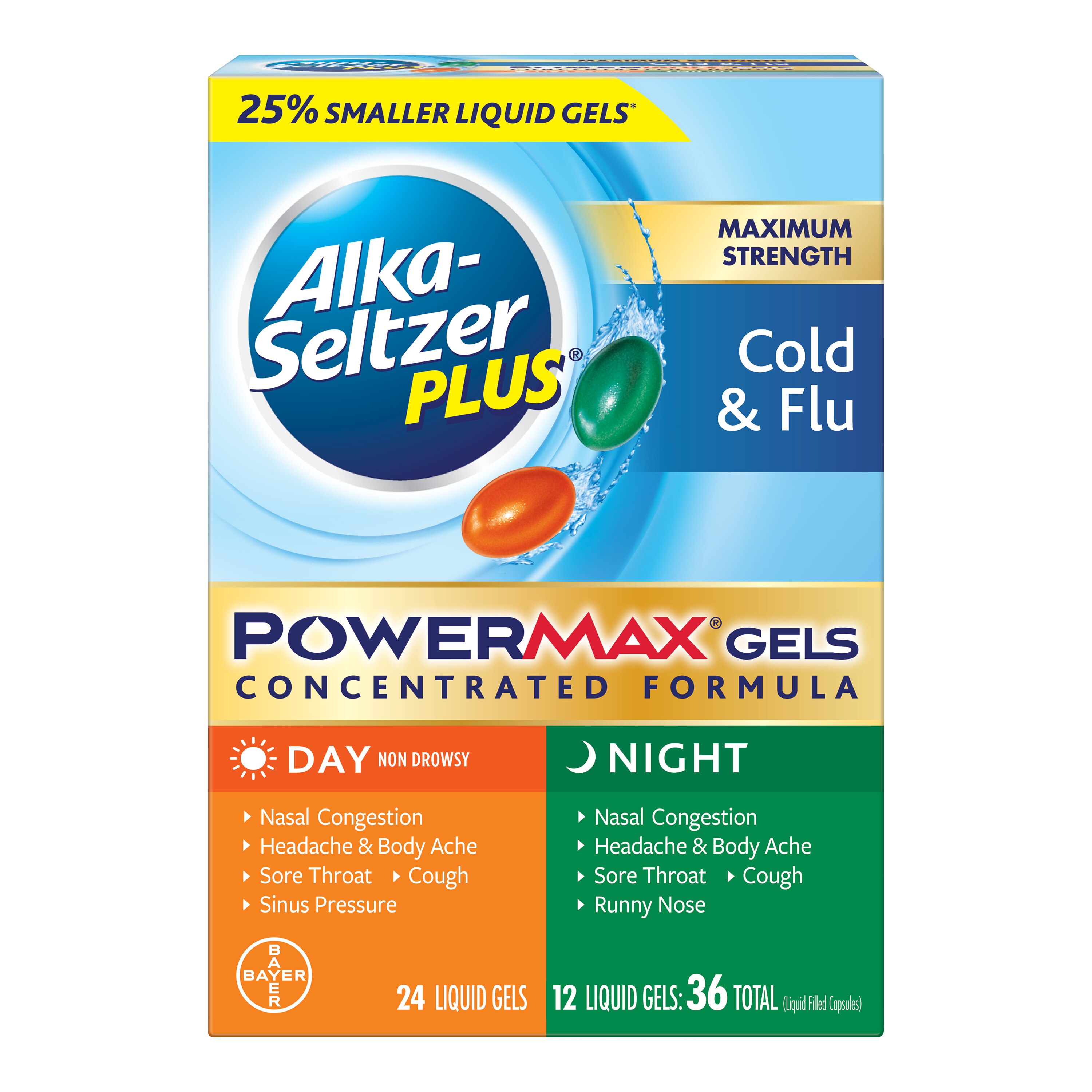 Alka-Seltzer Plus Maximum Strength PowerMax Cold & Flu Day + Night Liquid Gels, 36 Ct , CVS
