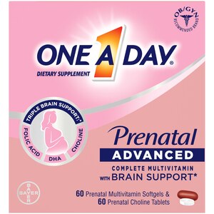 One A Day Prenatal Advanced Multivitamin with Choline, DHA, Folic Acid and Iron, 60+60 Count