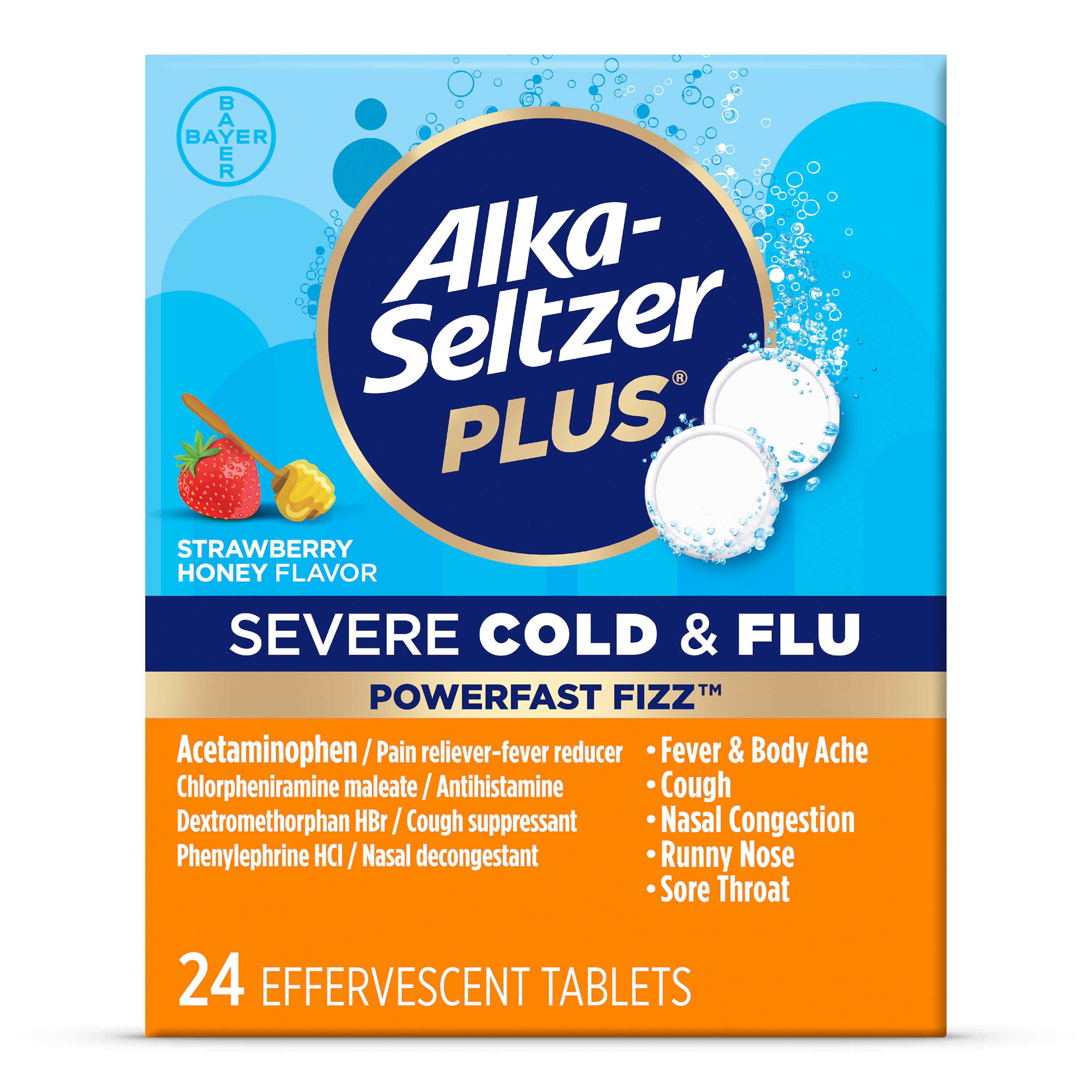 Alka-Seltzer Plus Powerfast Fizz, Severe Cold & Flu Medicine, Strawberry Honey Effervescent Tablets, 24 Ct , CVS